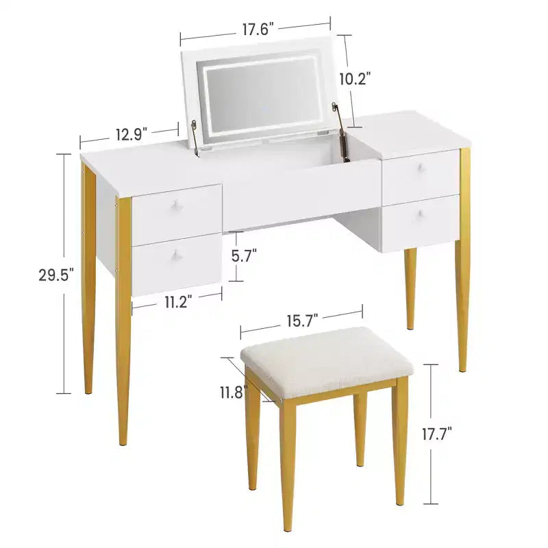 Petite Coiffeuse avec Miroir LED, Ensemble Table de Maquillage avec Plateau Relevable et Tiroirs pour Chambre
