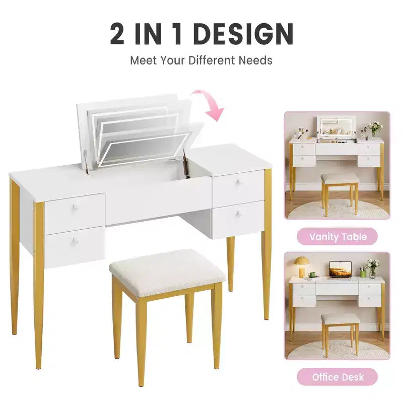 Petite Coiffeuse avec Miroir LED, Ensemble Table de Maquillage avec Plateau Relevable et Tiroirs pour Chambre