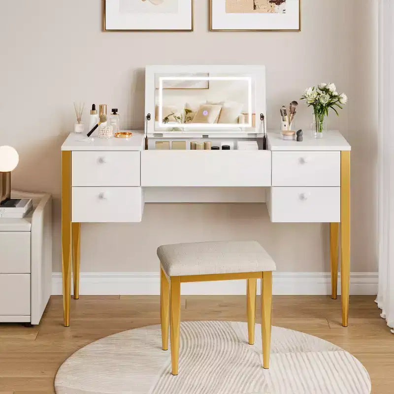 Petite Coiffeuse avec Miroir LED, Ensemble Table de Maquillage avec Plateau Relevable et Tiroirs pour Chambre