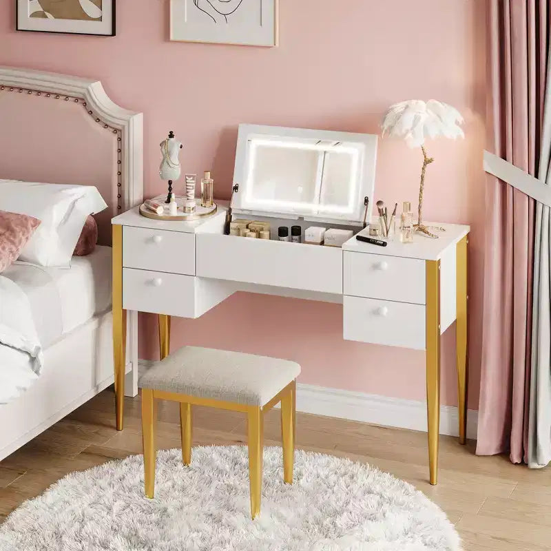 Petite Coiffeuse avec Miroir LED, Ensemble Table de Maquillage avec Plateau Relevable et Tiroirs pour Chambre