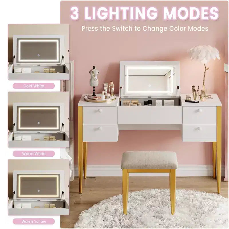 Petite Coiffeuse avec Miroir LED, Ensemble Table de Maquillage avec Plateau Relevable et Tiroirs pour Chambre