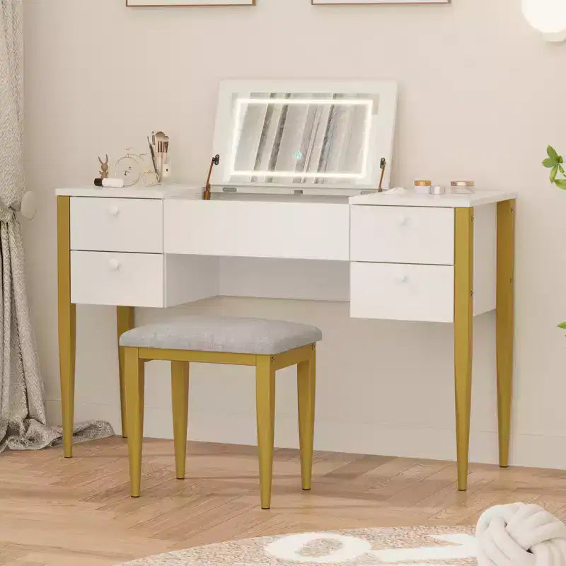 Petite Coiffeuse avec Miroir LED, Ensemble Table de Maquillage avec Plateau Relevable et Tiroirs pour Chambre