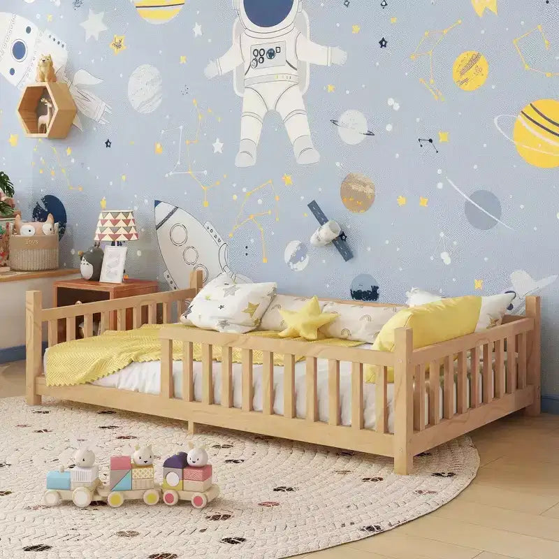 Cadre de lit en forme de maison double/complet avec clôture et lumières décoratives, lit étudiant moderne pour chambre à coucher, chambre d'enfants, salles de jeux