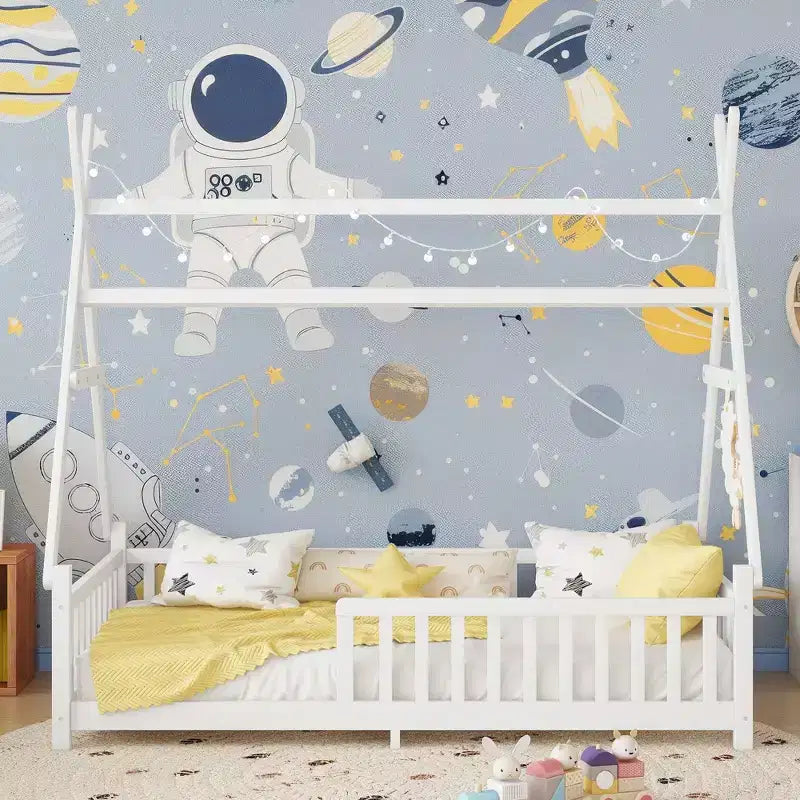 Cadre de lit en forme de maison double/complet avec clôture et lumières décoratives, lit étudiant moderne pour chambre à coucher, chambre d'enfants, salles de jeux