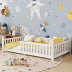 Cadre de lit en forme de maison double/complet avec clôture et lumières décoratives, lit étudiant moderne pour chambre à coucher, chambre d'enfants, salles de jeux