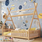 Okak Twin/Full Size House Roof Floor Bed Frame with Fence & Decor Lights,Modern Student Bed for Bedroom,Kids Room,Playrooms