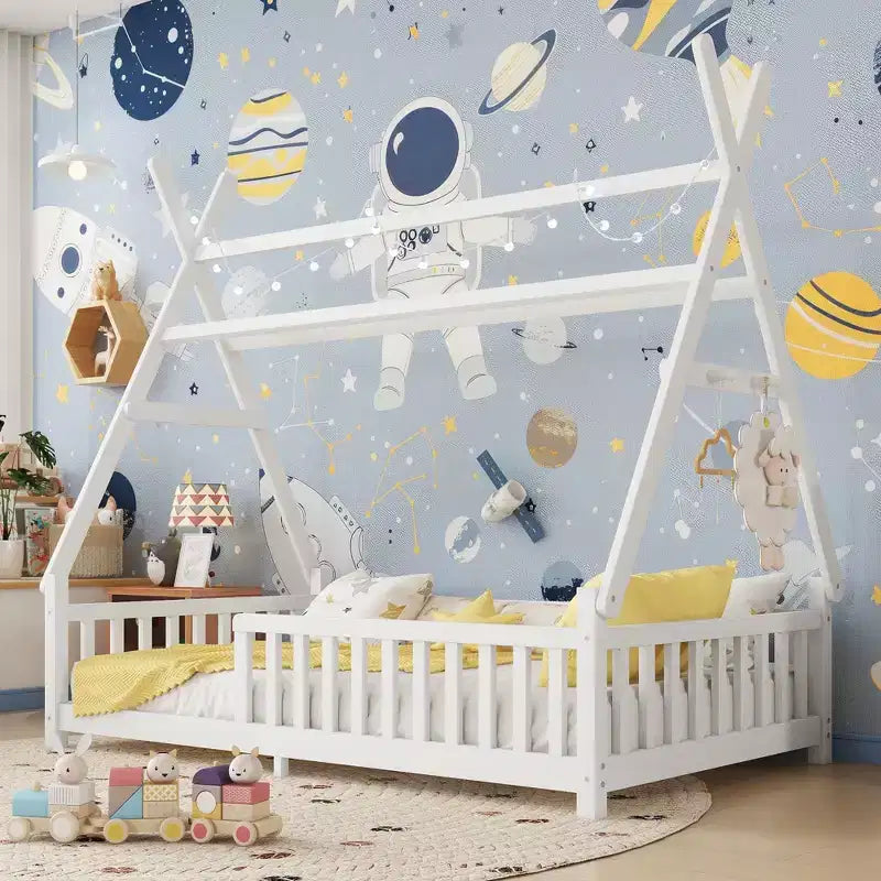 Cadre de lit en forme de maison double/complet avec clôture et lumières décoratives, lit étudiant moderne pour chambre à coucher, chambre d'enfants, salles de jeux