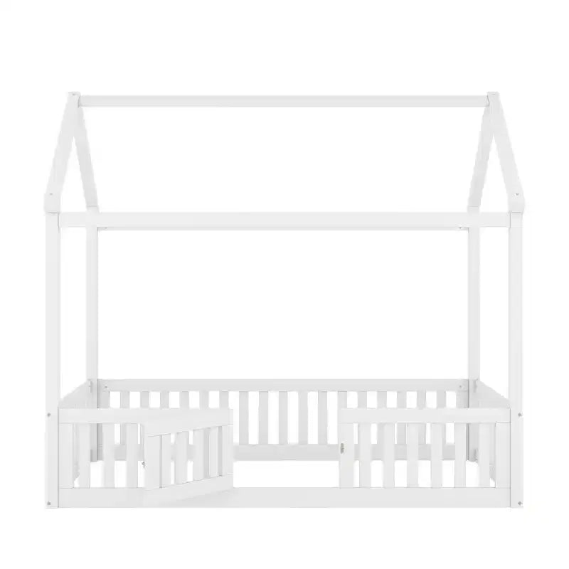Lit cabane pour enfants, lit Montessori en bois avec barrière et porte, lit cabane complet avec toit pour filles et garçons