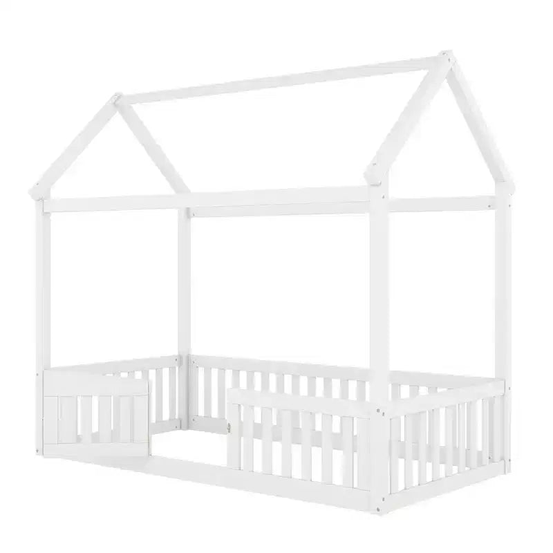 Lit cabane pour enfants, lit Montessori en bois avec barrière et porte, lit cabane complet avec toit pour filles et garçons
