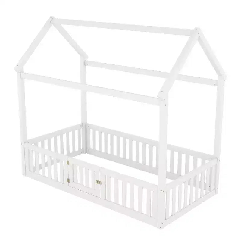Lit cabane pour enfants, lit Montessori en bois avec barrière et porte, lit cabane complet avec toit pour filles et garçons
