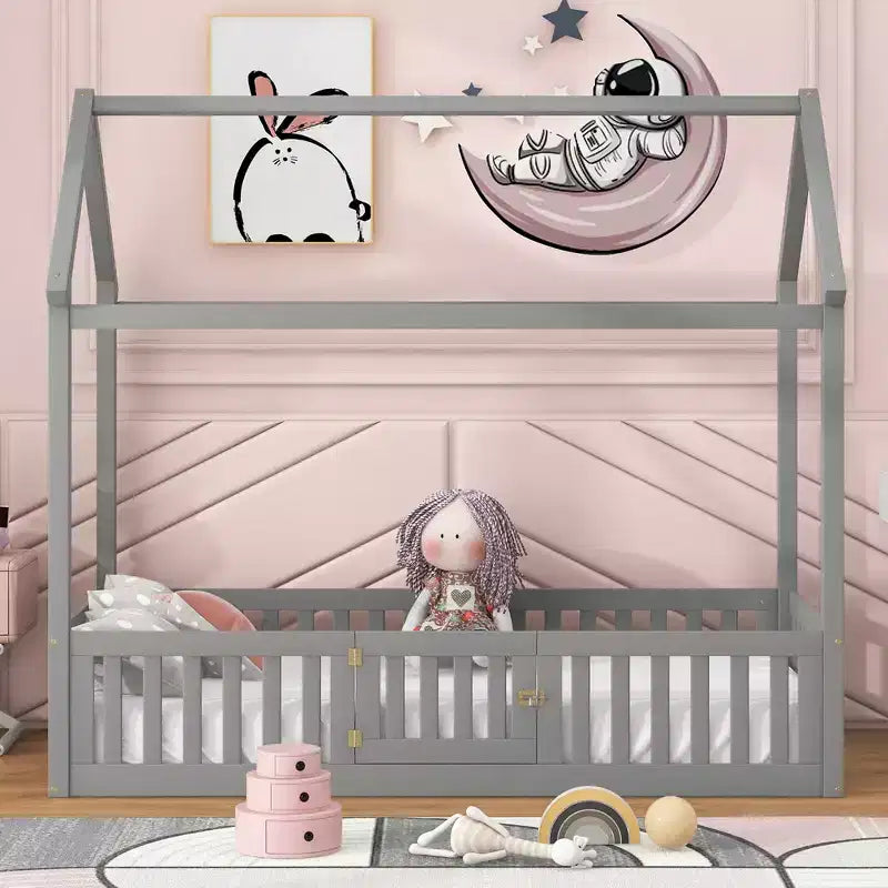 Lit cabane pour enfants, lit Montessori en bois avec barrière et porte, lit cabane complet avec toit pour filles et garçons