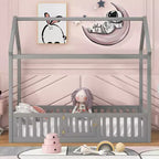 Lit cabane pour enfants, lit Montessori en bois avec barrière et porte, lit cabane complet avec toit pour filles et garçons