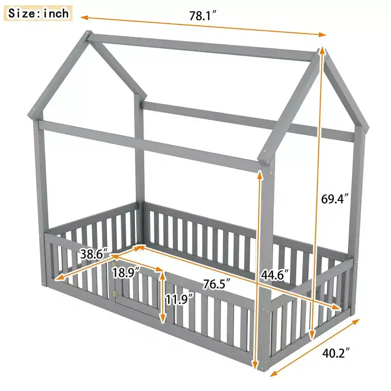 Lit cabane pour enfants, lit Montessori en bois avec barrière et porte, lit cabane complet avec toit pour filles et garçons