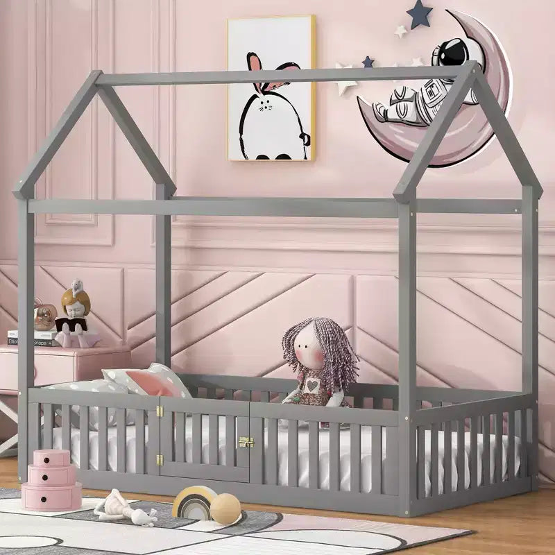 Lit cabane pour enfants, lit Montessori en bois avec barrière et porte, lit cabane complet avec toit pour filles et garçons