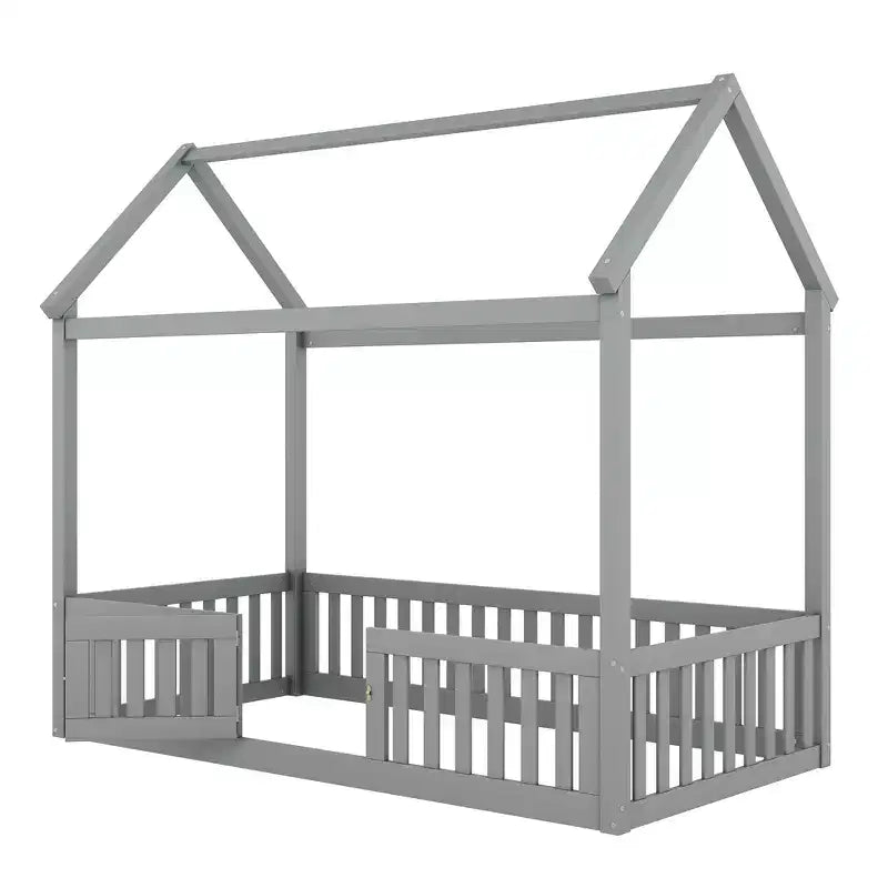 Lit cabane pour enfants, lit Montessori en bois avec barrière et porte, lit cabane complet avec toit pour filles et garçons