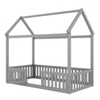 Lit cabane pour enfants, lit Montessori en bois avec barrière et porte, lit cabane complet avec toit pour filles et garçons