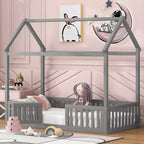 Floor House Bed for Kids, Wood Montessori Bed with Fence & Door, Full House Bed with Roof for Girls & Boys