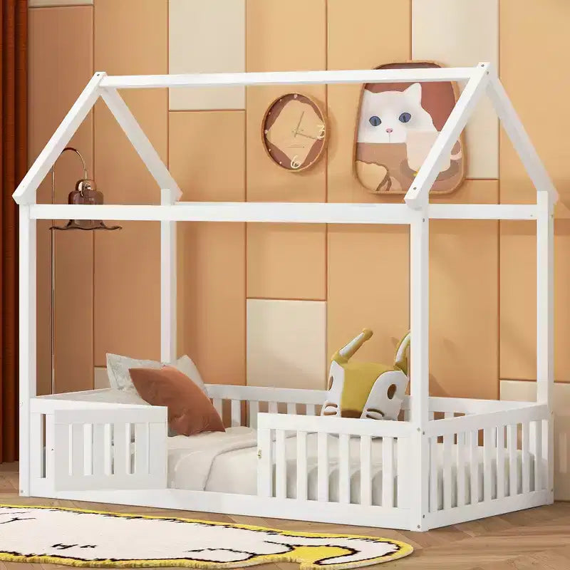 Lit cabane pour enfants, lit Montessori en bois avec barrière et porte, lit cabane complet avec toit pour filles et garçons