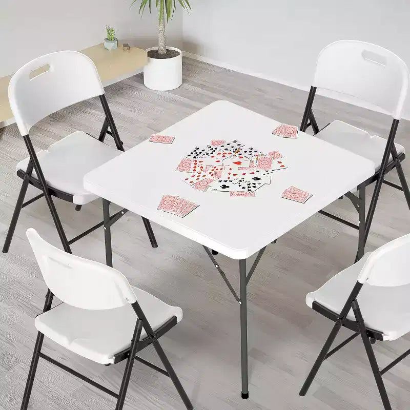 Table carrée carte blanche, pieds pliables de 86 cm, plateau de table complet, facile à installer et à ranger, pliable et portable pour l'intérieur et l'extérieur