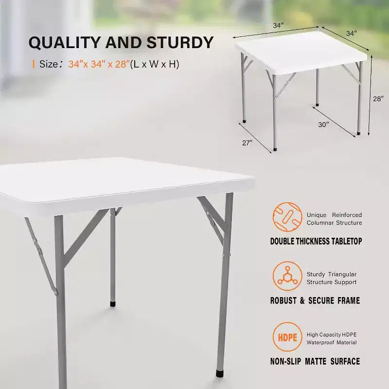 Table carrée carte blanche, pieds pliables de 86 cm, plateau de table complet, facile à installer et à ranger, pliable et portable pour l'intérieur et l'extérieur