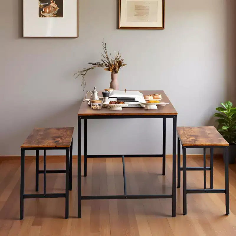 Ensemble de salle à manger 3 pièces avec 2 bancs, ensemble de cuisine et salle à manger peu encombrant pour la maison ou le restaurant, cadre en métal et plateau en MDF, marron