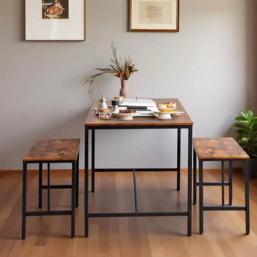 Ensemble de salle à manger 3 pièces avec 2 bancs, ensemble de cuisine et salle à manger peu encombrant pour la maison ou le restaurant, cadre en métal et plateau en MDF, marron