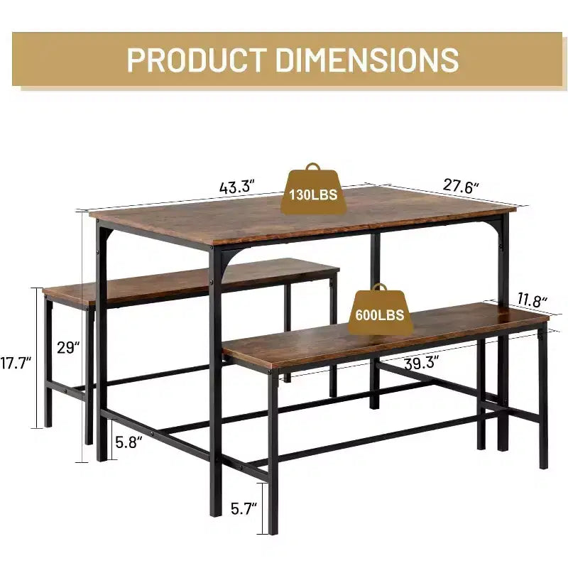 Ensemble de salle à manger 3 pièces avec 2 bancs, ensemble de cuisine et salle à manger peu encombrant pour la maison ou le restaurant, cadre en métal et plateau en MDF, marron