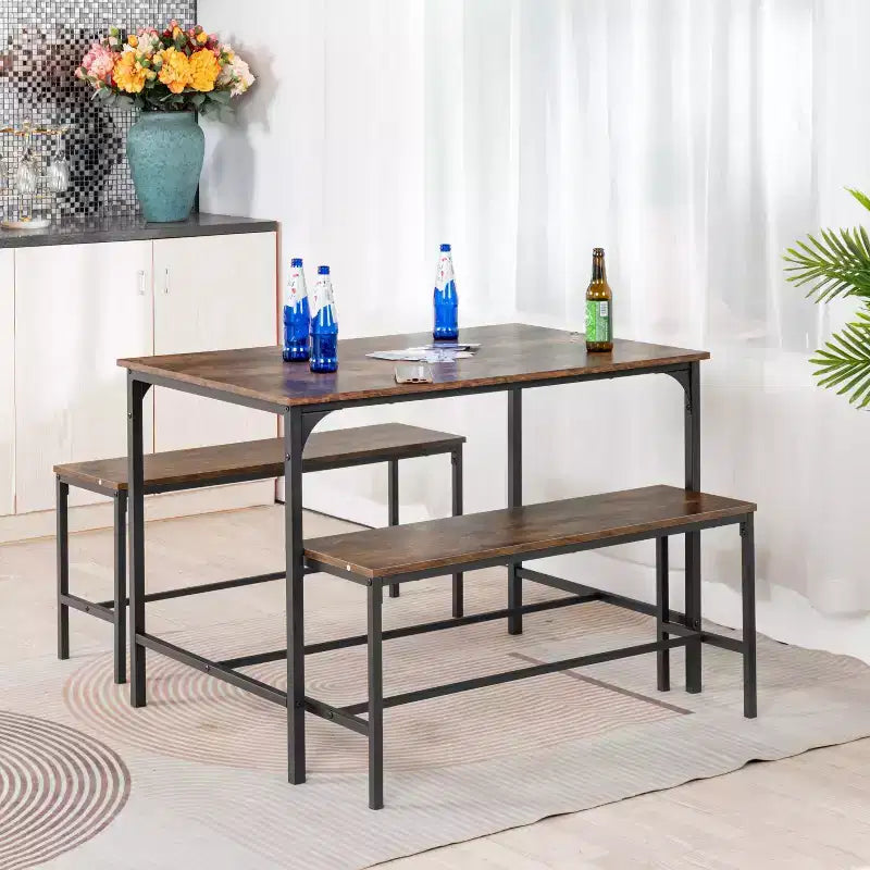 Ensemble de salle à manger 3 pièces avec 2 bancs, ensemble de cuisine et salle à manger peu encombrant pour la maison ou le restaurant, cadre en métal et plateau en MDF, marron