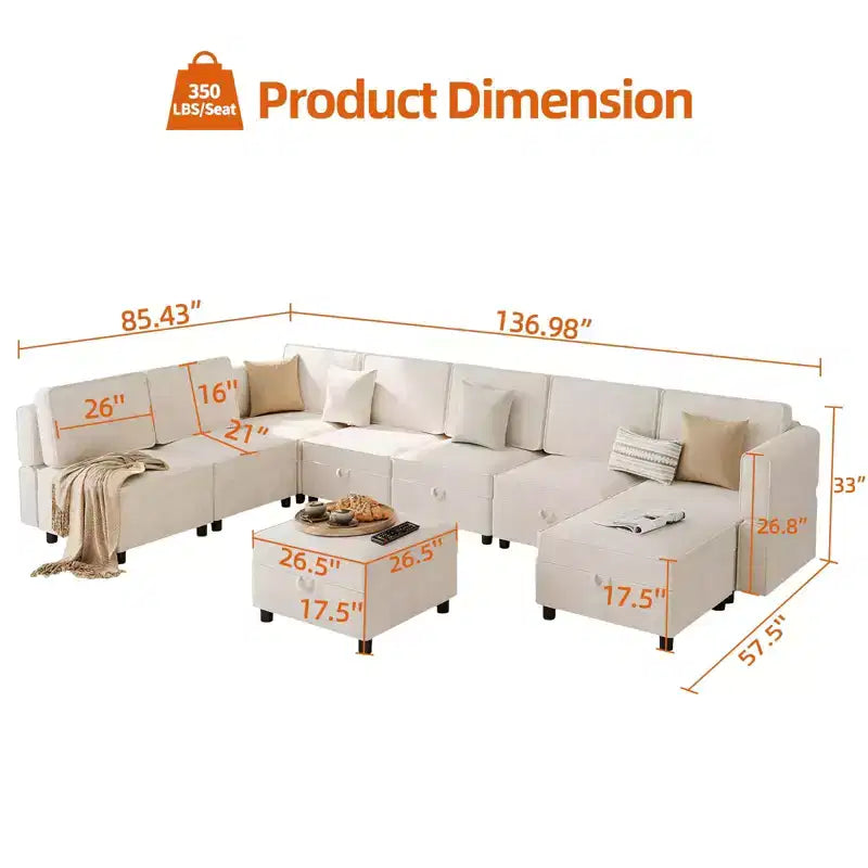 Canapé modulable 9 places, canapé d'angle avec pouf de rangement amovible, canapé-lit convertible adapté au salon
