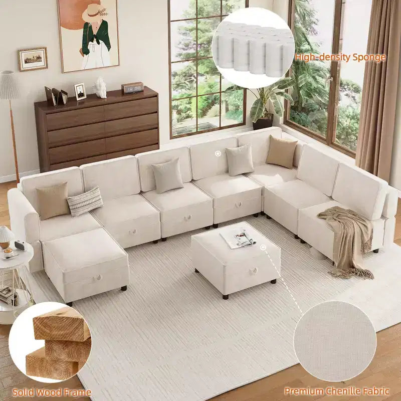 Canapé modulable 9 places, canapé d'angle avec pouf de rangement amovible, canapé-lit convertible adapté au salon