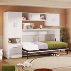 Twin Size Murphy Bed Wall Bed with Storage Shelves and Wardrobe, Folding Wall Chest Bed with Table for Bedroom Guest Room, White