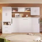 Lit mural escamotable Twin Size avec étagères de rangement et armoire, lit escamotable pliant avec table pour chambre à coucher ou chambre d'amis, blanc