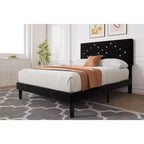 Bed Frame, Solid Wood Slatted Platform Bed with Crystal Button Headboard and Underbed Storage, Quiet and Easy to Assemble