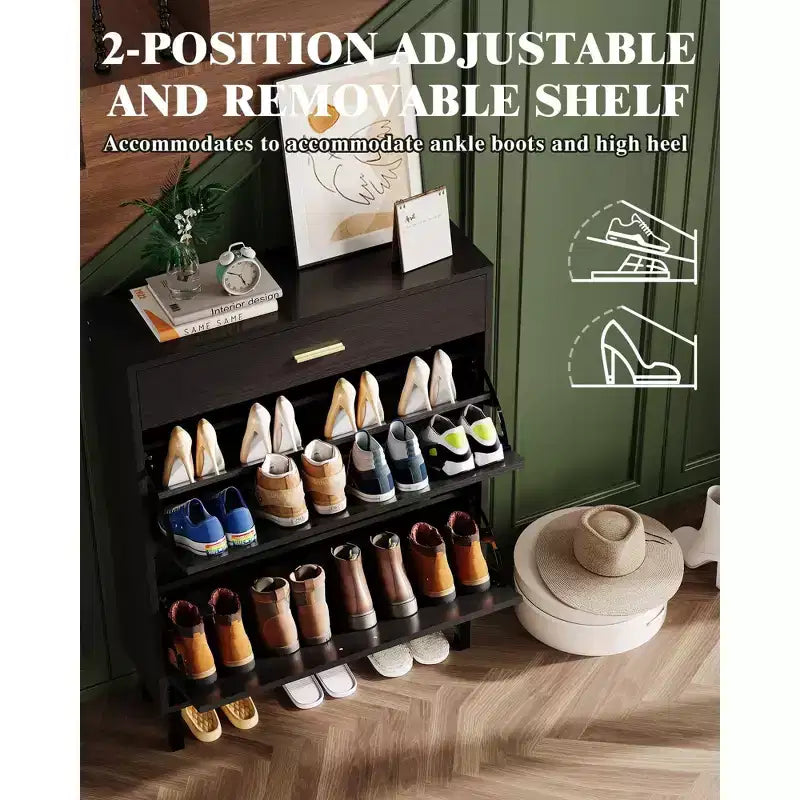 Meuble à chaussures pour entrée, Meuble de rangement pour chaussures autoportant avec 2 tiroirs basculants, Organisateur de rangement pour chaussures caché