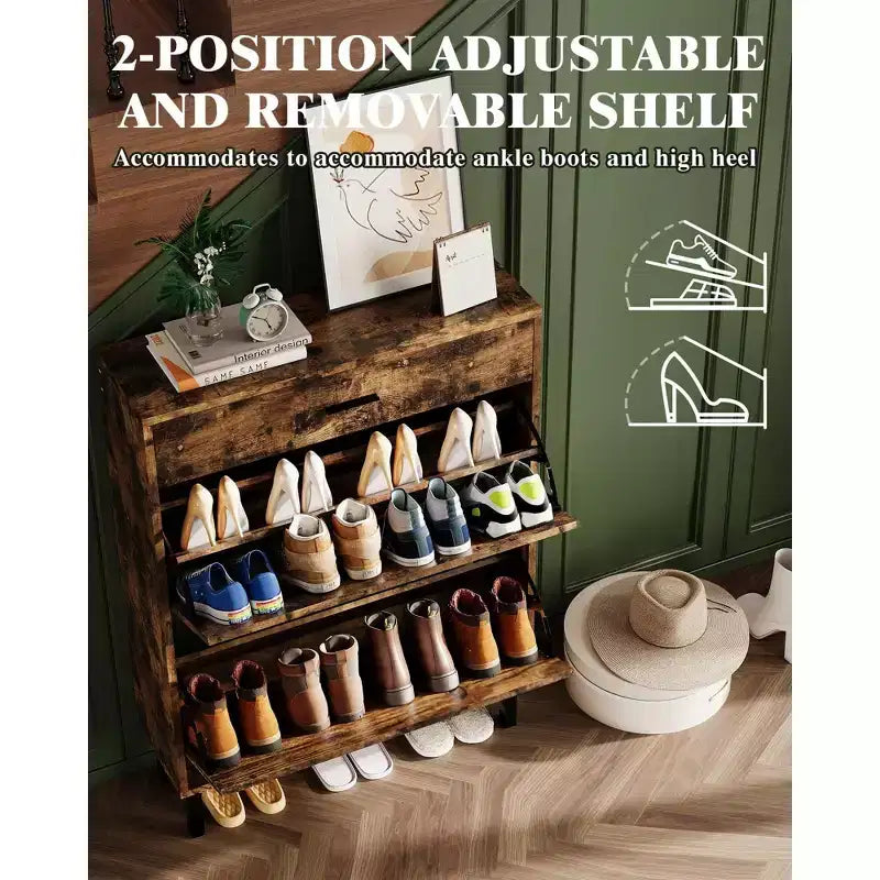 Meuble à chaussures pour entrée, Meuble de rangement pour chaussures autoportant avec 2 tiroirs basculants, Organisateur de rangement pour chaussures caché