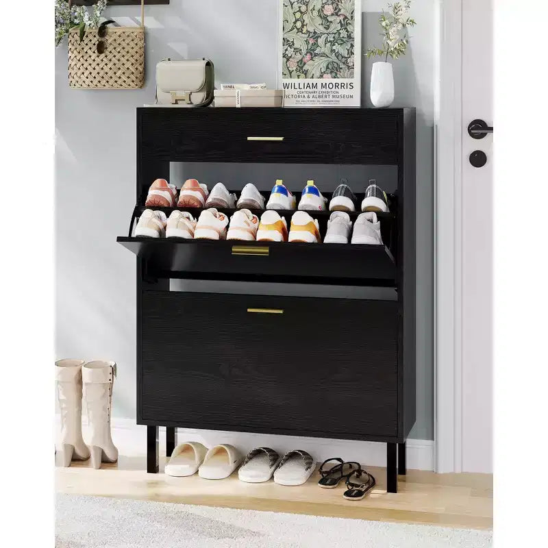 Meuble à chaussures pour entrée, Meuble de rangement pour chaussures autoportant avec 2 tiroirs basculants, Organisateur de rangement pour chaussures caché