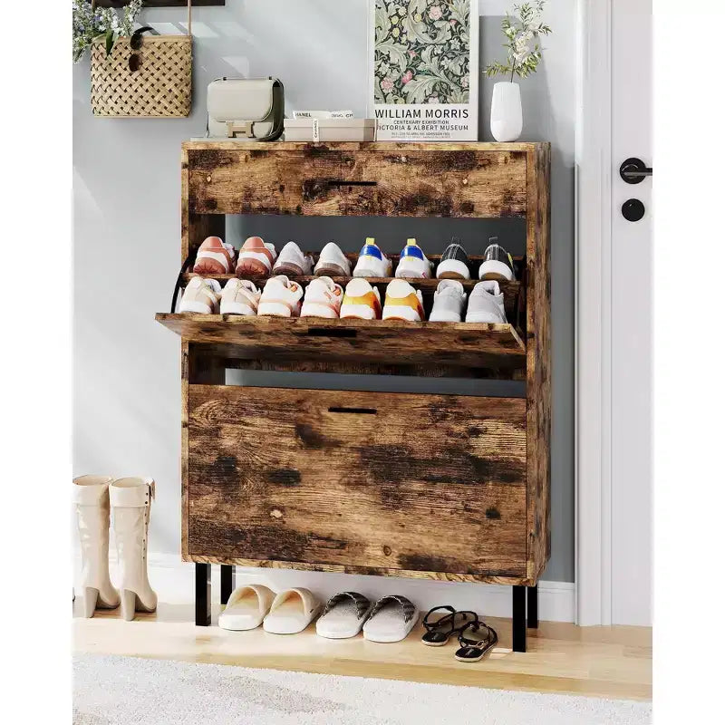 Meuble à chaussures pour entrée, Meuble de rangement pour chaussures autoportant avec 2 tiroirs basculants, Organisateur de rangement pour chaussures caché