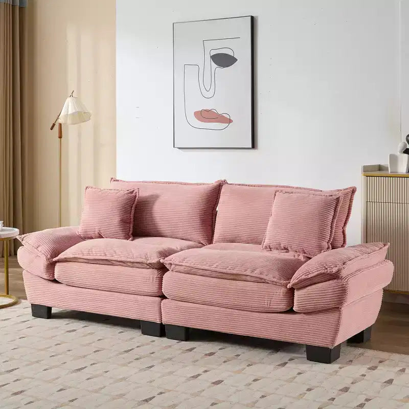 Canapé 2 places en velours côtelé Rembourré Assise profonde Canapé confortable avec oreillers pour chambre à coucher, salon, bureau Rose