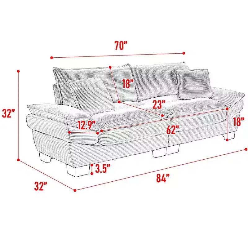 Canapé 2 places en velours côtelé Rembourré Assise profonde Canapé confortable avec oreillers pour chambre à coucher, salon, bureau Rose