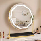 Miroir de maquillage à 19 LED avec éclairage dimmable 3 couleurs, contrôle tactile intelligent, rotation à 360°, support réglable et rangement pour coiffeuse