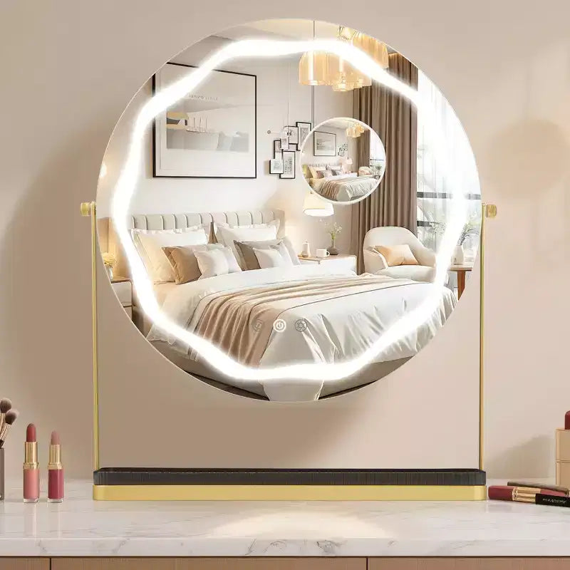 Miroir de maquillage à 19 LED avec éclairage dimmable 3 couleurs, contrôle tactile intelligent, rotation à 360°, support réglable et rangement pour coiffeuse