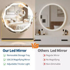 Miroir de maquillage à 19 LED avec éclairage dimmable 3 couleurs, contrôle tactile intelligent, rotation à 360°, support réglable et rangement pour coiffeuse