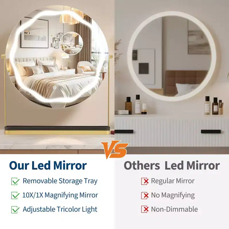Miroir de maquillage à 19 LED avec éclairage dimmable 3 couleurs, contrôle tactile intelligent, rotation à 360°, support réglable et rangement pour coiffeuse