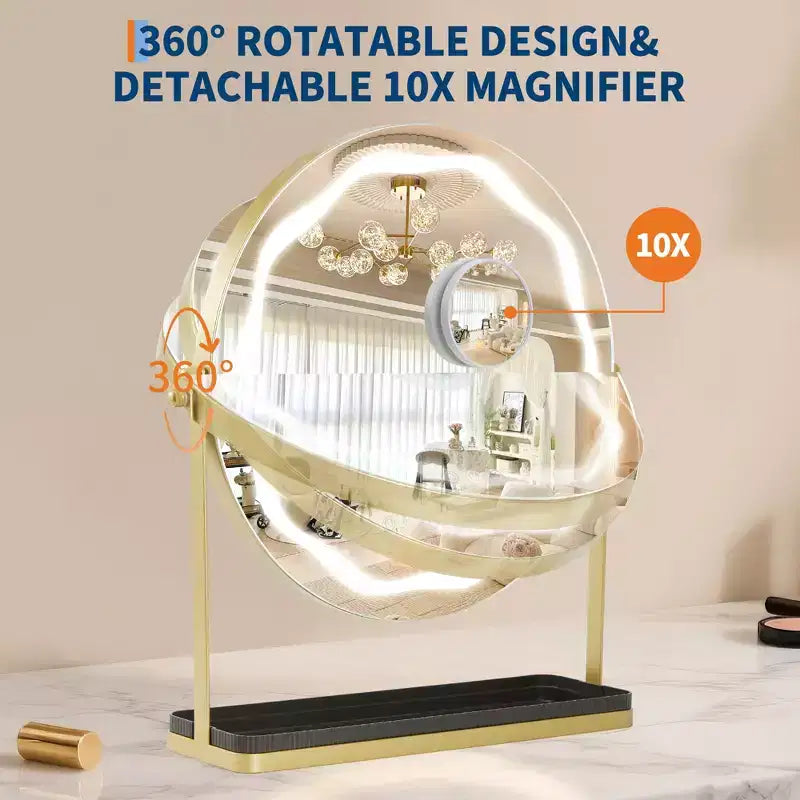 Miroir de maquillage à 19 LED avec éclairage dimmable 3 couleurs, contrôle tactile intelligent, rotation à 360°, support réglable et rangement pour coiffeuse