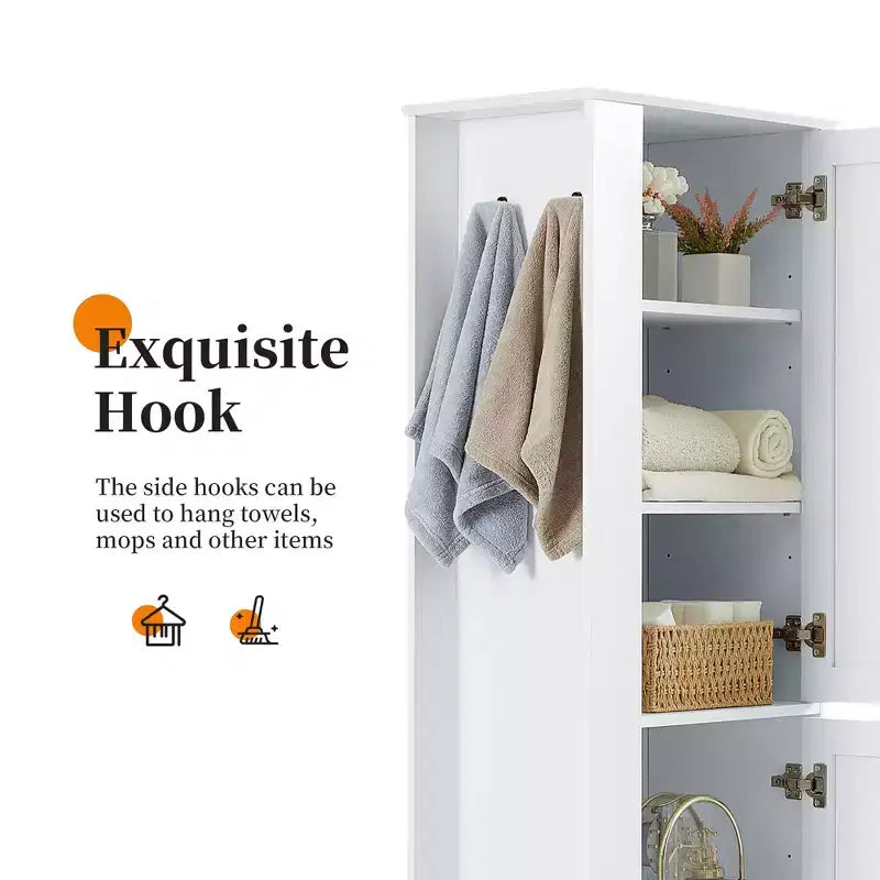 Meuble de rangement haut de salle de bain, meuble de rangement autonome avec crochet et étagère réglable en MDF blanc