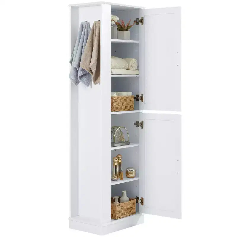 Meuble de rangement haut de salle de bain, meuble de rangement autonome avec crochet et étagère réglable en MDF blanc