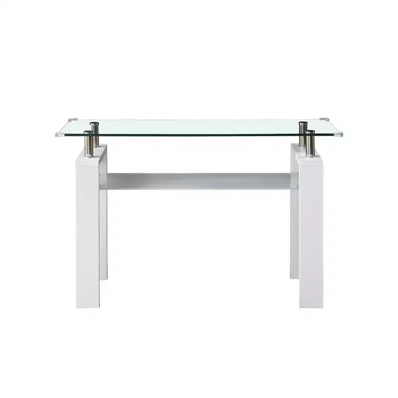 Console moderne avec plateau en verre trempé, table d'entrée avec étagère de rangement, table d'appoint pour salon, couloir, foyer, blanc