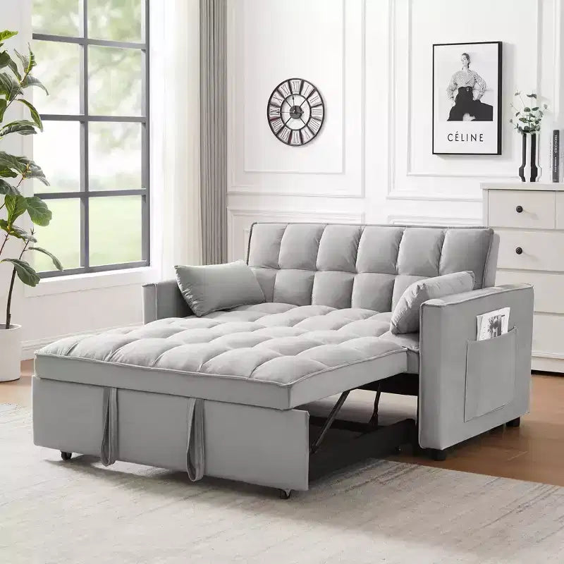 Canapé futon moderne en velours avec coussins décoratifs et poches pour salon, chambre à coucher, petit espace, gris