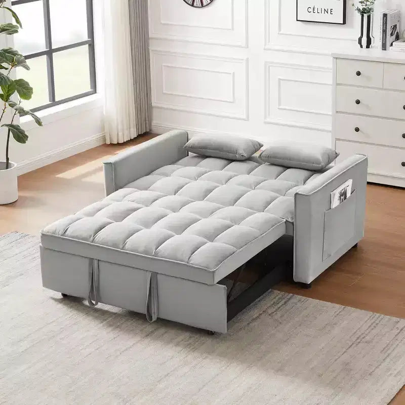 Canapé futon moderne en velours avec coussins décoratifs et poches pour salon, chambre à coucher, petit espace, gris