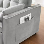 Canapé futon moderne en velours avec coussins décoratifs et poches pour salon, chambre à coucher, petit espace, gris